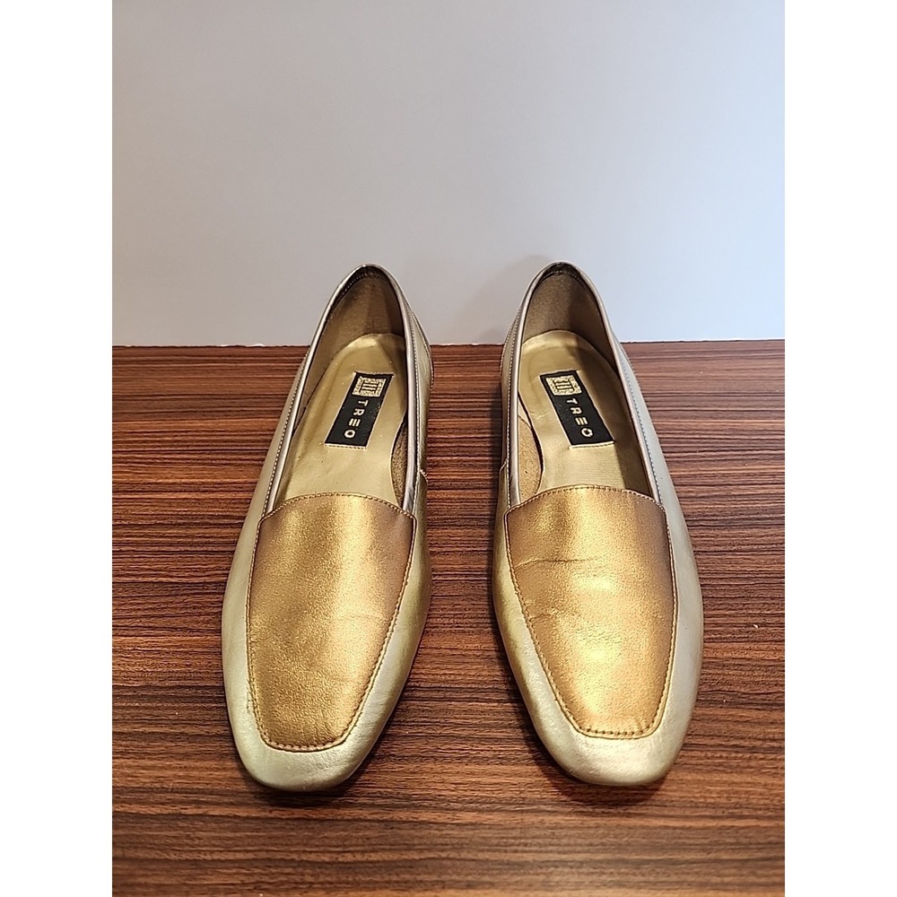 Vtg 90s Womens Metallic Gold Leather Loafers Shoes 7 M Treo